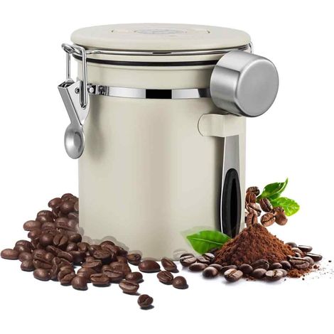 Boîte à café en grains scellée en acier inoxydable 304 blanc - 1,2 L (avec cuillère)