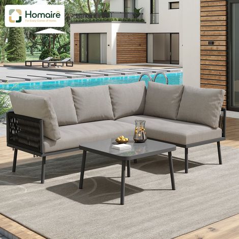 HOMAIRE Garten-Lounge-Set aus Eisen mit grauem Seil, L-förmig, Sitzkissen, verstellbaren Füßen, 2 Sofas und 1 Tisch (1/5)