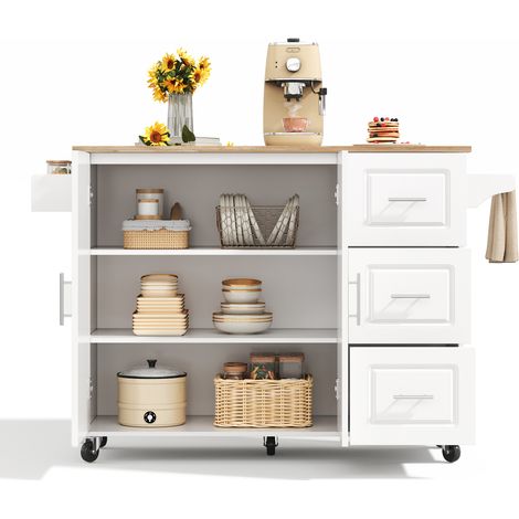 Carro de Cocina con 2 Puertas 3 Cajones Encimera Abatible Toallero y Ruedas en MDF 137 x 43 x 92 cm Blanco (1/5)