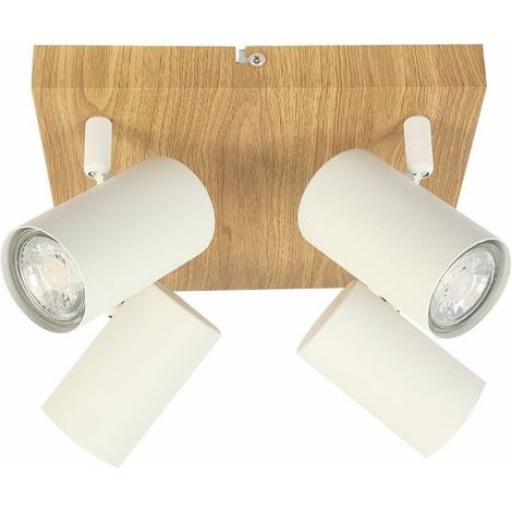 Plafonnier moderne Quentin 4 spots blanc/bois GU10 Reality (1/2)