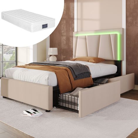 Cama individual tapizada con dos cajones LED beige OKMYHOME (1/5)