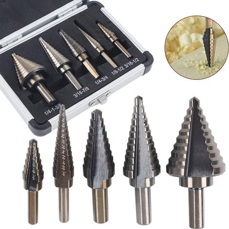 Ensemble de 5 pièces de perceuses à paliers en aluminium, forets coniques pas à pas pour forets en acier inoxydable, métal, bois, plastique (1/5)