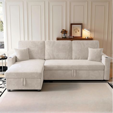 Sofá cama esquinero en L con arcón, tejido beige, 207,5 x 84,5 cm HAVRYA (1/5)