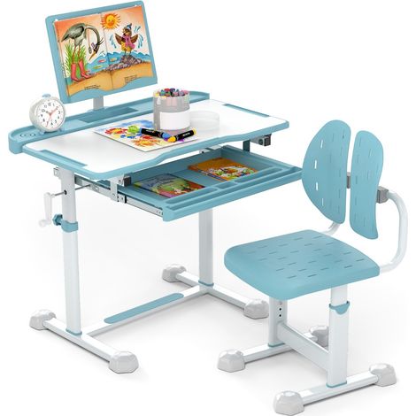 Scrivania per bambini con piano inclinabile sedia ergonomica, Set di scrivania e sedia regolabile in altezza Blu (1/3)