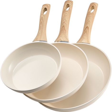 Poêle en Aluminium Lot de 3PCs 20/24/28 cm, Sauteuse en Céramique Antiadhésive avec Poignée Résistante à la Chaleur, Ustensiles de Cuisine Restaurant, pour Gaz, Électrique, Induction, Beige (1/5)