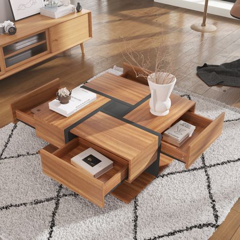 Table basse en panneau de particules naturel 78 cm carrée avec 4 tiroirs et tablette basse (1/5)
