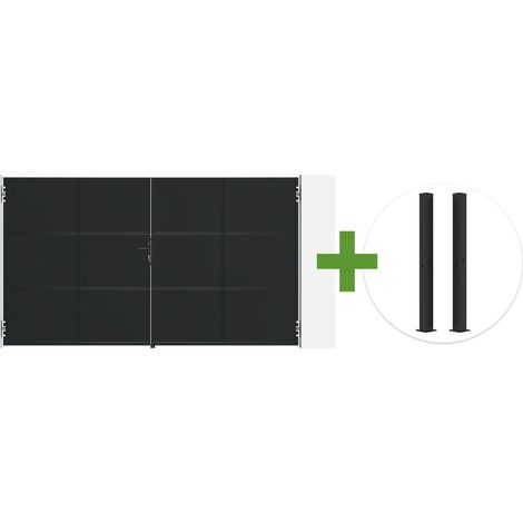 Portail battant acier noir mat 3,5m NALI H.200cm + 2 poteaux 10x10 acier CARMO (1/5)