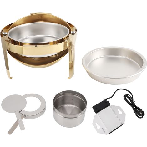 Set chafing stainless 6L réchaud buffet avec contrôleur température constante, chauffage alcool, foyer rond doré, prise UE 220-240V. (1/5)