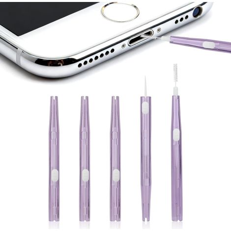 Set di 5 spazzolini per la pulizia della porta di ricarica, in plastica con setole in nylon e gancio per telefoni e auricolari (viola) (1/5)