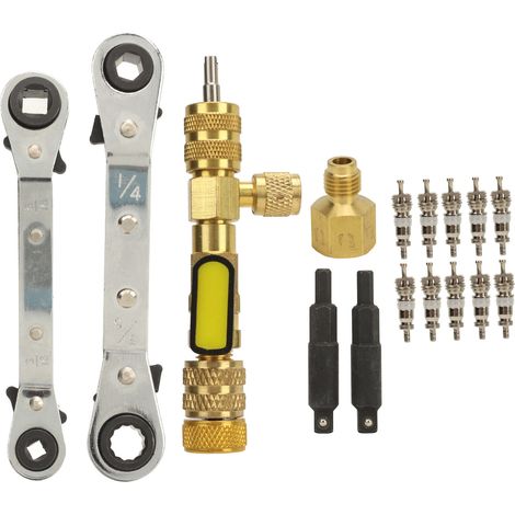 Kit di attrezzi multifunzionale per la climatizzazione, estrattore per valvole AC, con chiave e adattatore.