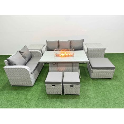 Fimous 8 Seater PE Rattan Wicker Garden Furniture Patio Conservatory Sofa Set with Firepit Dining Table 3 Seater Sofa Love Sofa 3 Stool 2 Side Table (1/4)