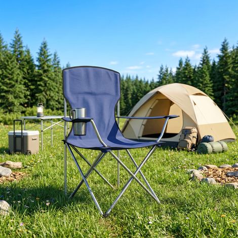 Lot de 2 Chaises de Camping Pliantes avec Porte-Gobelet, Sac de Transport, Dossier Haut, 88x57x97cm, Bleu Foncé (1/5)