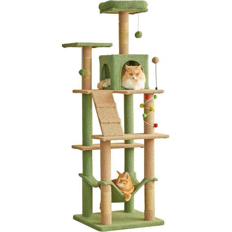Arbre à Chat Green, Tour à Plusieurs Niveaux de 163 cm pour Chats d'intérieur avec poteaux à griffer recouverts de sisal, perchoir rembourré, hamac Confortable et Jouets Suspendus (1/5)