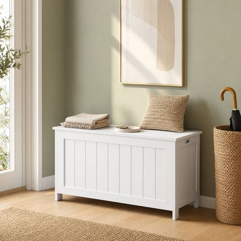 Aufbewahrungstruhe modern aus weiß lackiertem MDF 81 x 40 x 46 cm mit Deckel und Tragegriffen (1/5)