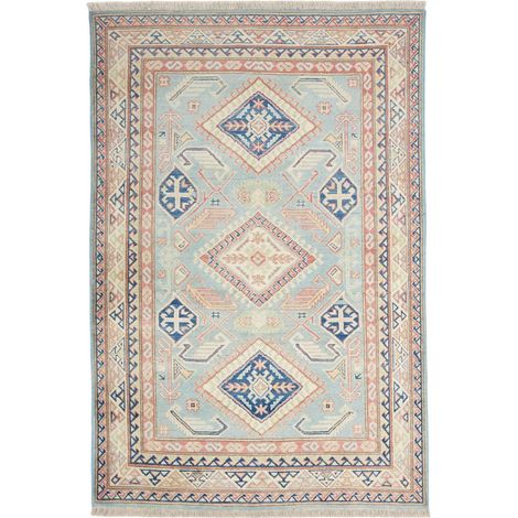 Tapis salon 120 x 179 cm, motif géométrique, bleu, beige et rose, en laine naturelle, noué à la main au Pakistan (1/5)