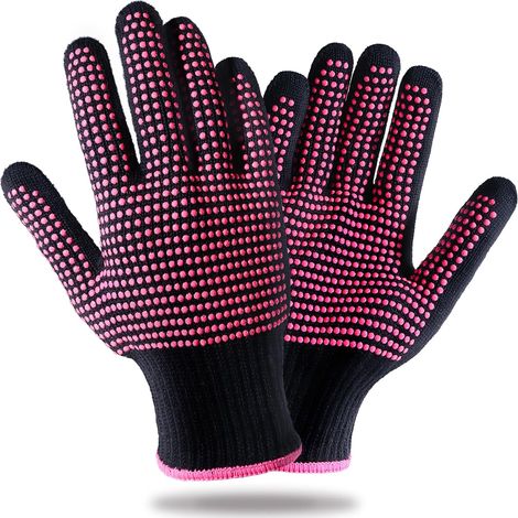 2 guanti resistenti al calore, rosa e rossi, con puntini in silicone – professionali per acconciature, arricciacapelli, piastre e spazzole riscaldate. (1/4)
