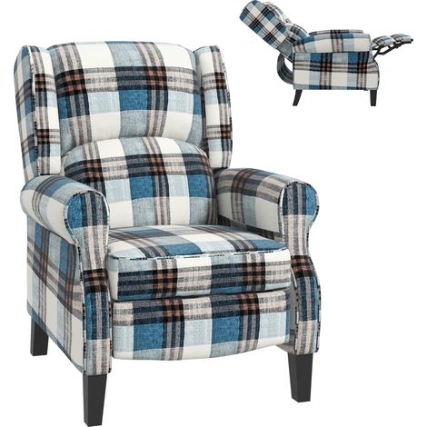 Blue Wingback Reclining Chair with Footrest,Push Back Armchair for Living Room and Bedroom,Stylish Wooden Legs Design
