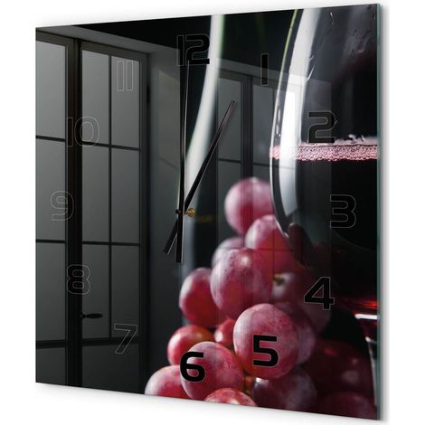 Grande Horloge Murale Carrée Décoration Murale Verre Trempé Design Artistique Raisins et vin 60x60 cm (1/5)