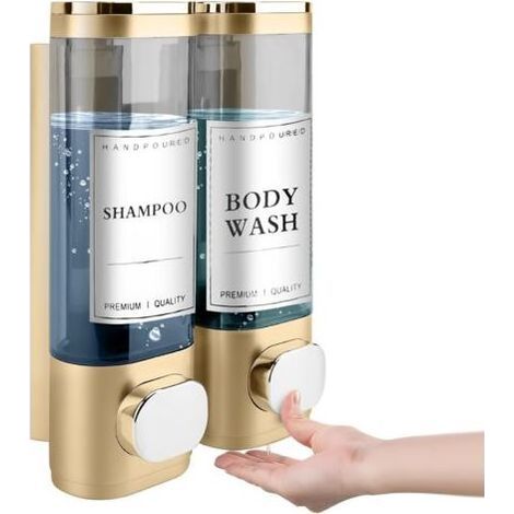 Distributeur de Savon Mural, Distributeur Gel Douche, Distributeur Double de Shampoing et Après-shampoing sans Perçage ABS pour Salle de Bain Cuisine Marché Hôtel Restaurant 300ML2(Or) (1/5)
