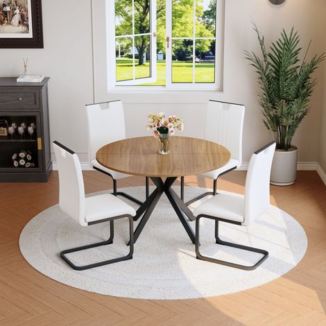 Ensemble de salle à manger: table ronde + 4 chaises de salle à manger blanches en similicuir, ensemble de cuisine moderne avec cadre métallique pour la maison