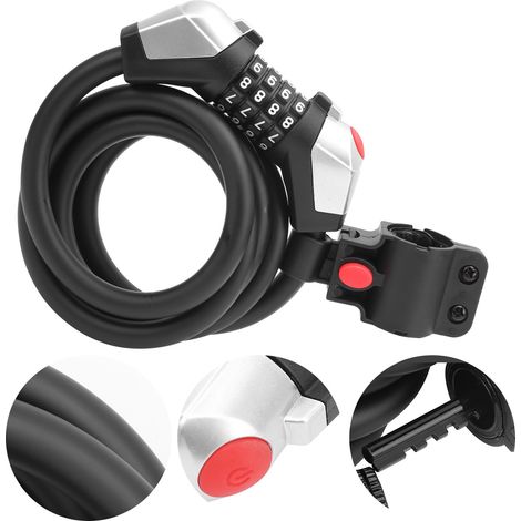 Câble antivol de vélo de 150 cm / 59 pouces, 4 combinaisons de touches, en acier, sans ergots. (1/5)