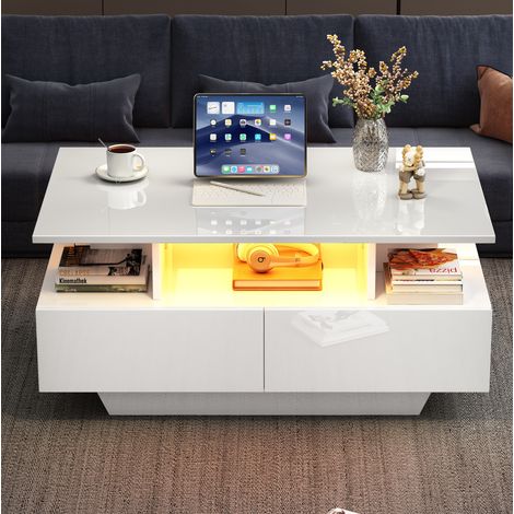 Table salon rangement LED 90x55x41 blanc brillant OKMYHOME (1/5)