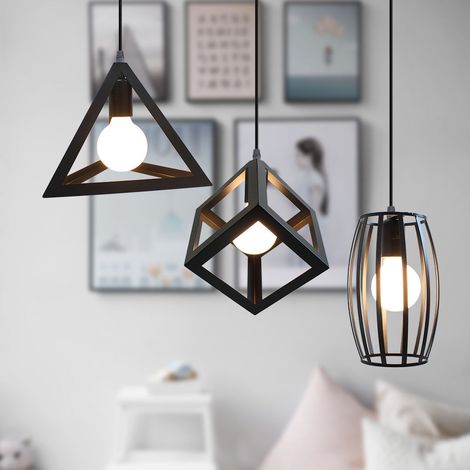 Creative Pendant Light Modern 3 Lights Metal Geometric Hanging Ceiling Lamp Cube Cage Chandelier Fixture (Black)