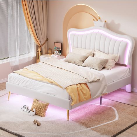 Letto imbottito per bambini MDF ecopelle bianco 140x200 cm con LED, rete a doghe e testiera regolabile (1/5)