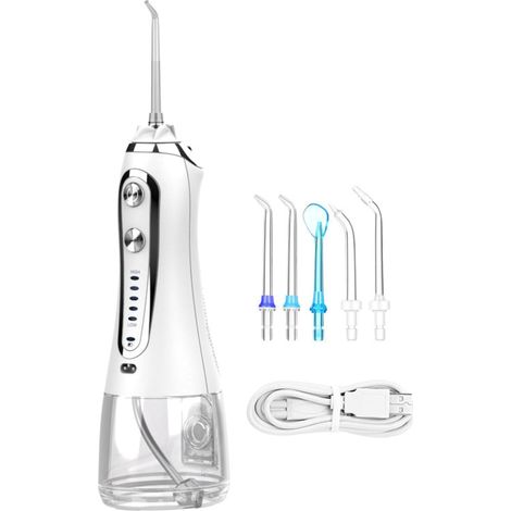 Douche buccale électrique portable, irrigateur buccal sans fil de 300 ml, rechargeable par USB, 5 buses, 5 modes de pulsation, étanche IPX7, un simple clic pour retrouver une bouche saine (1/5)