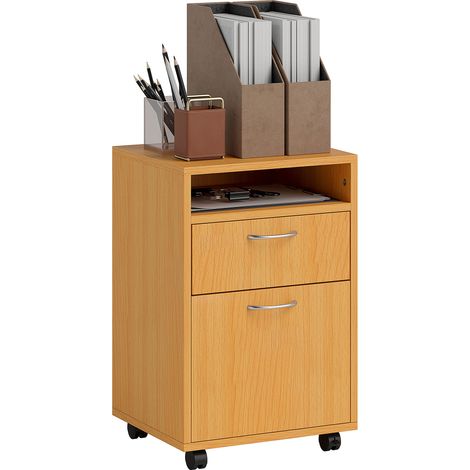 Filing Cabinet, Mobile File Cabinet with 2 Lockable Drawers, Office Home Organiser on Wheels for A4, Letter-Size File Folders, Mobile Printer with Open Shelf, Natural Wood Finish (1/5)