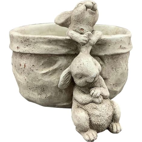 Statuetta di coniglio con vaso di fiori, in cemento, decorazione da giardino vintage (1/5)