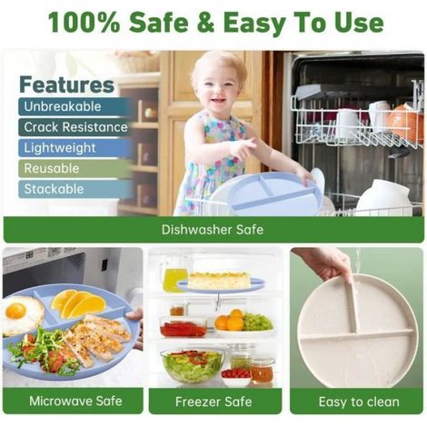 Assiette Divisée - DîNer - Lot de 4 - Plastique Incassable - Réutilisables - Lave-Vaisselle Compatible (1/4)