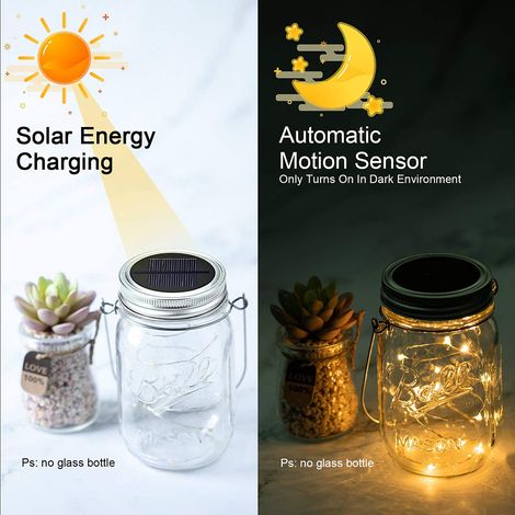 Guirlande lumineuse solaire à LED (20 LED) pour couvercles de bocaux en verre, comprenant 6 couvercles et 6 supports de suspension pour décoration extérieure (bocaux non inclus). (1/5)