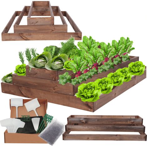MODO24 ZP09 Carré potager surélevé en escalier modulable, bois de pin, herbes/légumes, jardin/terrasse/balcon, 27x90x100 cm, marron