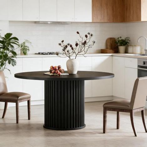 Runder Esstisch Modern mit Metallbasis und Verstellbaren Fußpolstern, für Küche und Wohnzimmer, Holz, Schwarz, 47.24×47.24×29.53 in (1/5)
