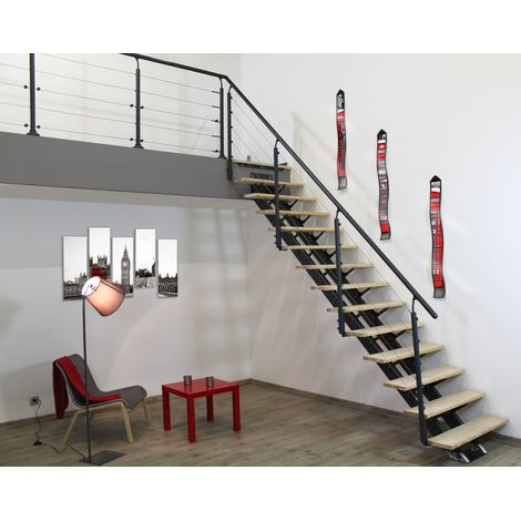 Escalier Droit Métal et Bois Anthracite 16 Marches Hêtre Brut Twin France (1/5)