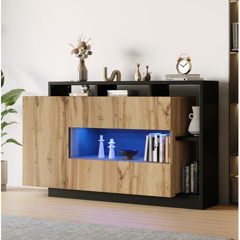 Sideboard LED 140x44x93.5 cm bois et noir en MDF avec étagères réglables et contrôle Bluetooth (1/5)