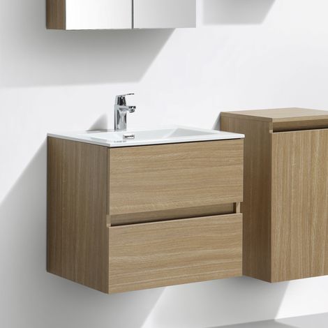 Stano. – Meuble salle de bain suspendu avec vasque simple 60 cm – Chêne clair texturé – Installation rapide – Système de trop-plein intégré (1/5)