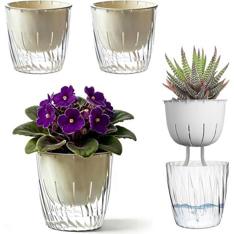 Pots de fleurs à arrosage automatique - 10 cm x 4 - pots transparents avec réservoir d'eau et système d'absorption d'eau - les herbes aromatiques (1/5)