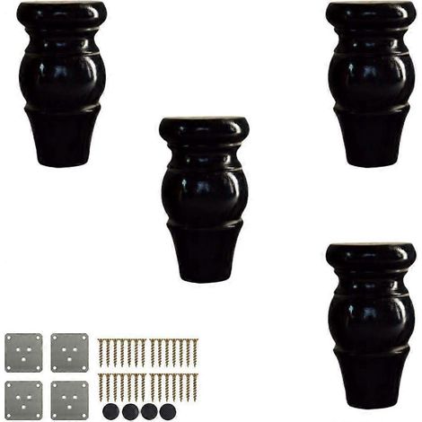 4er-Set Massivholz-Möbelbeine, runde Holzfüße, Ersatzfüße für Sofas, inklusive Montageplatte, Gummibaumholz, für TV-Schränke, 12 cm, Schwarz