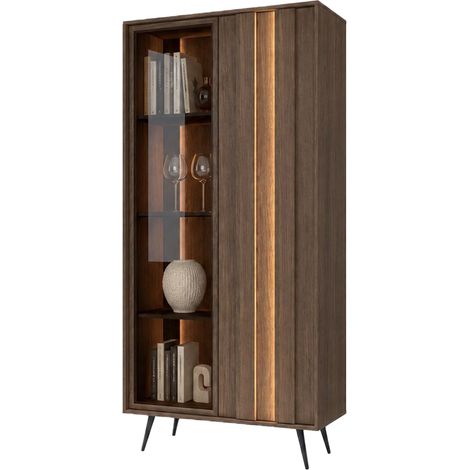 Vitrine Katiso, Ausstellungsregal mit 8 Böden, 2 Türen, mit LED, 94x40x196h cm, Nussbaum Braun
