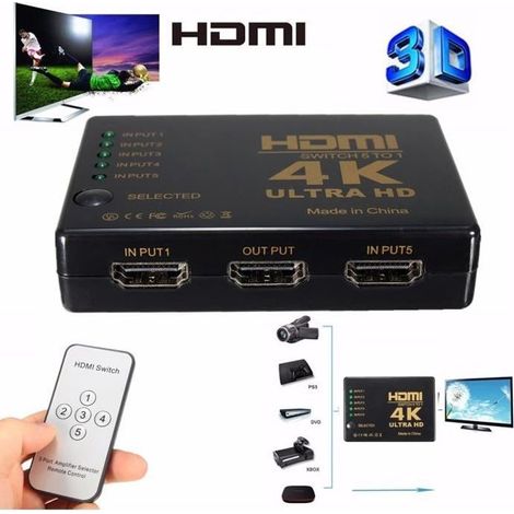 Commutateur HDMI - Non spécifié - 5 Ports - 4K - Télécommande incluse - Noir