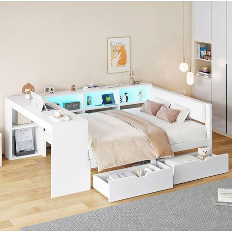 MEUBLIV Lit 140x200 cm blanc – rangements, LED et station de charge, sans matelas (1/5)