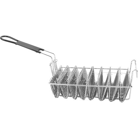 Panier à tacos 8 coquilles en acier inoxydable avec long manche anti-brûlure, support pour burritos, idéal pour restaurants et snacks. (1/5)