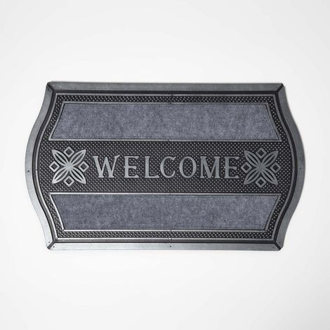 HOMESCAPES Geschwungene Fußmatte „Welcome“ 45 x 75 cm – rutschfest, silber-grau