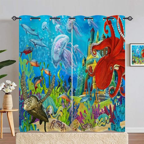 Rideau Occultant Océan Château Pieuvre Tenture Opaque à Oeillets Draperies Intérieurs Rideau Thermique Isolant pour Maison Chambre Salon Fenetre 2 Pièces L 107 x H 180 cm - 107L X 180H cm (2 Panneaux) (1/5)