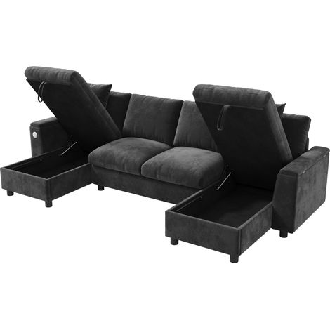 Sofá en U moderno de chenilla gris con almacenaje, USB y Type-C, 279 x 135 x 84 cm (1/5)