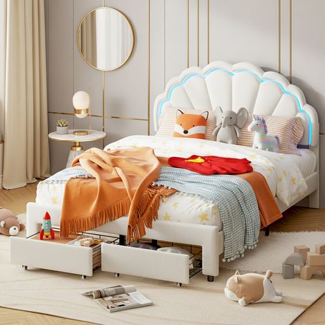 Letto Singolo 140x200 cm Design a Conchiglia con LED RGB e 2 Cassetti - Struttura Letto Bambina in Velluto Bianco - Rete a Doghe Inclusa