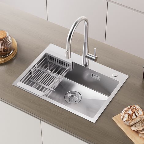 Cecipa Lavello da cucina 1 vasca 60×45×18 cm Lavello da cucina in acciaio inox 304 spazzolato con cestello di scarico