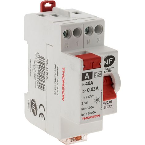 Thomson – Interrupteur différentiel à vis 40A type A NF – Tension 230V – Courbe de déclenchement C – Indicateurs ON/OFF mécaniques